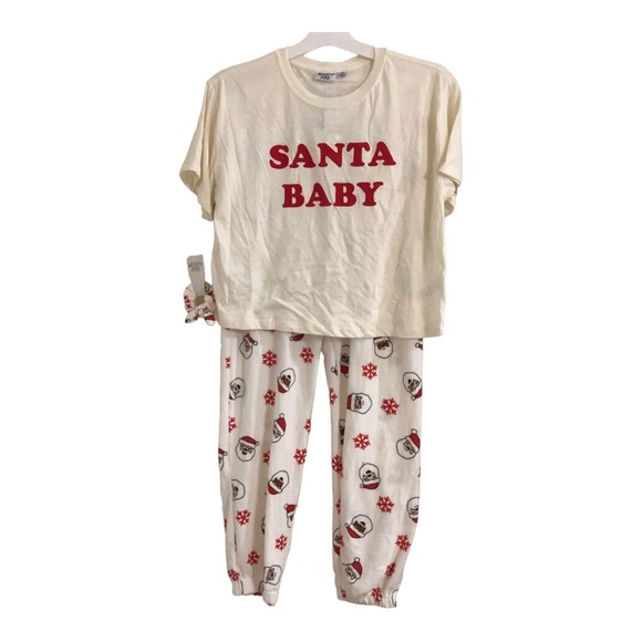 3pc Santa Baby snowflake fleece cream crop top Christmas pjs & scrunchie set szL - Picture 1 of 9